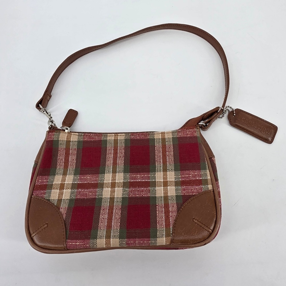 Longaberger Homestead Red Plaid Fabric Shoulder Bag Brown Leather Trim Purse